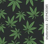 Vector Seamless Pattern with Flat Cannabis Leaves. Green Hemp Leaf on Black Background. Seamless Marijuana Leaf Print. Vector Cannabis Illustration for Medical and Herbal Design
