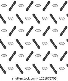 Vector seamless pattern of flat cartoon snowboard deck and mask isolated on white background 