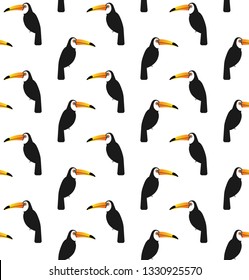 Vector seamless pattern of flat cartoon toucan tucan bird sitting isolated on white background 