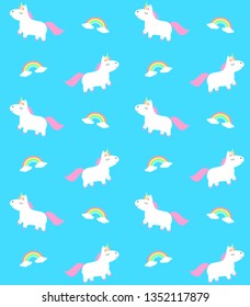 Vector seamless pattern of flat cartoon hand drawn doodle unicorn and rainbow isolated on blue background 