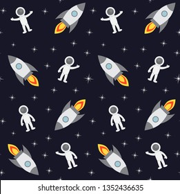 Vector seamless pattern of flat cartoon cosmonaut and rocket and stars flying in space isolated on black dark blue background 