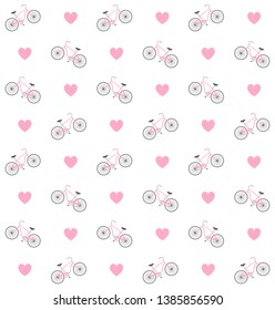 Vector seamless pattern of flat cartoon city pink bicycle with hearts isolated on white background 