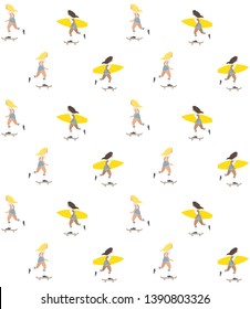 Vector seamless pattern of flat cartoon skater girl with surf board isolated on white background 
