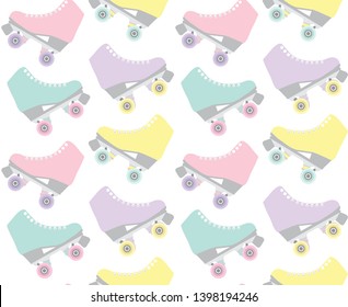 Vector seamless pattern of flat cartoon pastel retro roller skates isolated on white background 