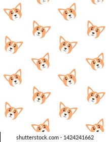 Vector seamless pattern of flat cartoon cute corgi dog face isolated on white background 