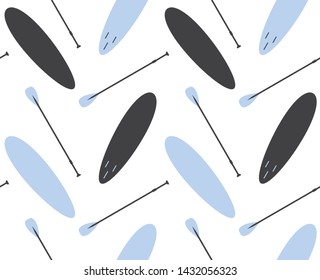 Vector seamless pattern of flat cartoon stand up puddle surf sup board isolated on white background 