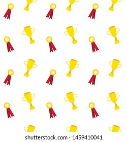Vector seamless pattern of flat cartoon winner cup and rosette isolated on white background