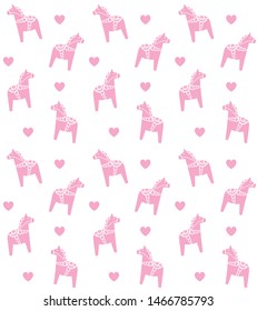 Vector seamless pattern of flat cartoon pastel pink Scandinavian Swedish horse isolated on white background