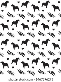 Vector seamless pattern of flat cartoon black Scandinavian Swedish horse and leaves isolated on white background