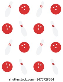 Vector seamless pattern of flat cartoon red bowling skittles and balls isolated on white background