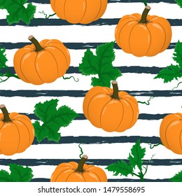 Vector Seamless Pattern With Flat Cartoon Pumpkins On Dark Blue Striped Background. Hand Drawn Autumn Orange Pumpkin Cute Background For Harvest Festival, Design, Print, Paper, Thanksgiving Day.