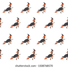 Vector seamless pattern of flat cartoon witch flying broom isolated on white background. Halloween illustration