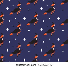 Vector seamless pattern of flat cartoon witch and stars isolated on blue background