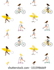 Vector seamless pattern of flat cartoon young women with surf, skate, scooter and bicycle isolated on white background. Different active girls illustration