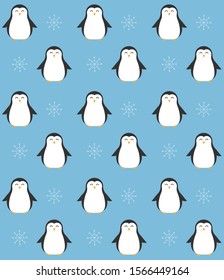 Vector seamless pattern of flat cartoon penguin and snowflakes isolated on blue background