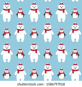 Vector seamless pattern of flat cartoon polar bear and penguin in hat and scarf isolated on blue background