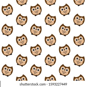 Vector seamless pattern of flat cartoon brown owl isolated on white background 