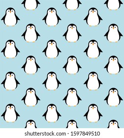 Vector seamless pattern of flat cartoon kawaii penguin isolated on blue background