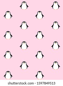 Vector seamless pattern of flat cartoon kawaii penguin isolated on pink background