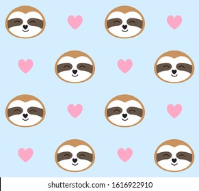 Vector seamless pattern of flat cartoon sloth face and hearts isolated on blue background