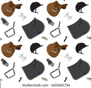 Vector seamless pattern of flat cartoon horse riding equipment isolated on white background