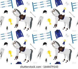 Vector seamless pattern of flat cartoon horse riding sport equipment isolated on white background