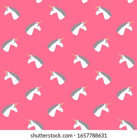 Vector seamless pattern of flat cartoon white unicorn head isolated on pink background