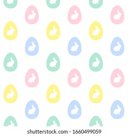 Vector seamless pattern of flat cartoon white bunny rabbit silhouette in pastel egg isolated on white background
