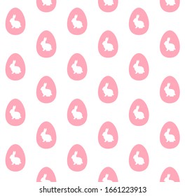 Vector seamless pattern of flat cartoon white bunny rabbit silhouette in pink egg isolated on white background