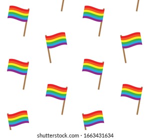 Vector seamless pattern of flat cartoon lgbt rainbow flag isolated on white background