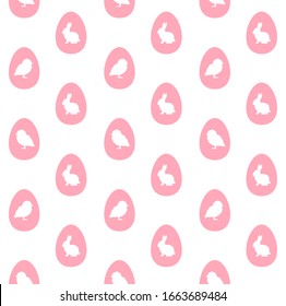 Vector seamless pattern of flat cartoon pink eggs with rabbit and chick silhouette isolated on white background