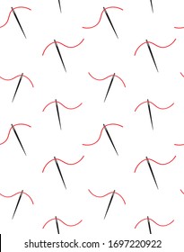 Vector seamless pattern of flat cartoon needle and thread isolated on white background