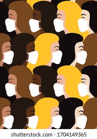 Vector seamless pattern of flat cartoon woman girl face head profile in medical mask isolated on white background. Coronavirus pandemic illustration