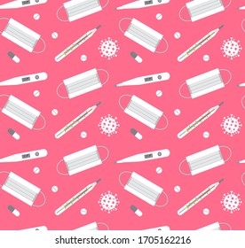 Vector seamless pattern of flat cartoon Coronavirus covid-19 and medical stuff isolated on pink background