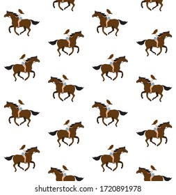 Vector seamless pattern of flat cartoon hand drawn girl riding bay horse bareback isolated on white background