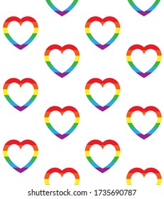 Vector seamless pattern of flat cartoon lgbt rainbow flag heart frame isolated on white background