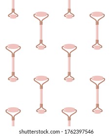 Vector seamless pattern of flat cartoon rose quartz stone massage roller isolated on white background