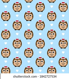 Vector seamless pattern of flat cartoon colored owl in winter hat and hearts isolated on blue background