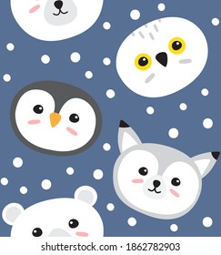 Vector seamless pattern of flat cartoon doodle polar wild animals isolated on blue background