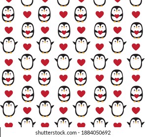 Vector seamless pattern of flat cartoon hand drawn doodle penguin with heart isolated on white background