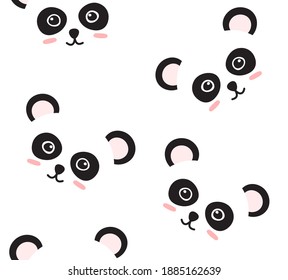 Vector seamless pattern of flat cartoon hand drawn doodle panda face isolated on white background