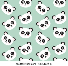 Vector seamless pattern of flat cartoon hand drawn doodle panda face isolated on mint background
