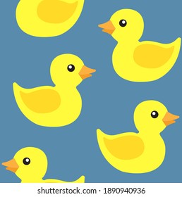 Vector seamless pattern of flat cartoon bath duck toy isolated on blue background