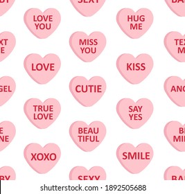 Vector seamless pattern of flat cartoon pink Valentine’s sweet candy with love text isolated on white background