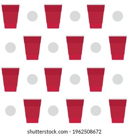 Vector seamless pattern of flat cartoon colored beer pong beerpong ball and glass isolated on white background