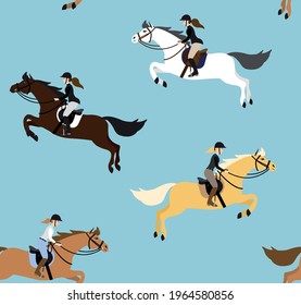 Vector seamless pattern of flat cartoon woman riding show jumping horse isolated on blue background