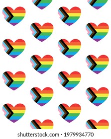 Vector seamless pattern of flat cartoon lgbt lgbtq+ new rainbow flag heart isolated on white background