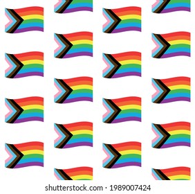 Vector seamless pattern of flat cartoon new lgbt lgbtq+ rainbow flag isolated on white background