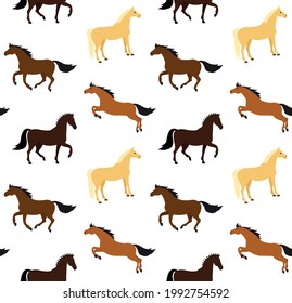 Vector seamless pattern of flat cartoon hand drawn horse isolated on white background