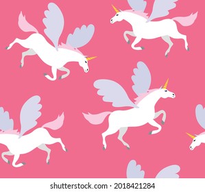 Vector seamless pattern of flat cartoon pegasus unicorn isolated on pink background